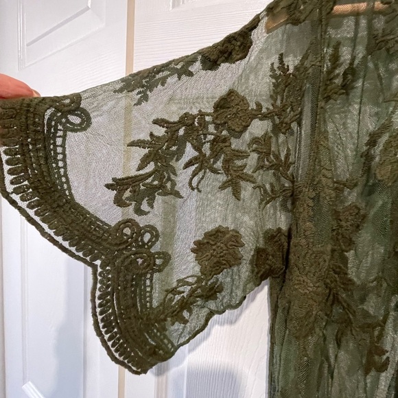 Sheer scalloped lace Olive Green Kimono or swim suit cover up - Picture 5 of 10